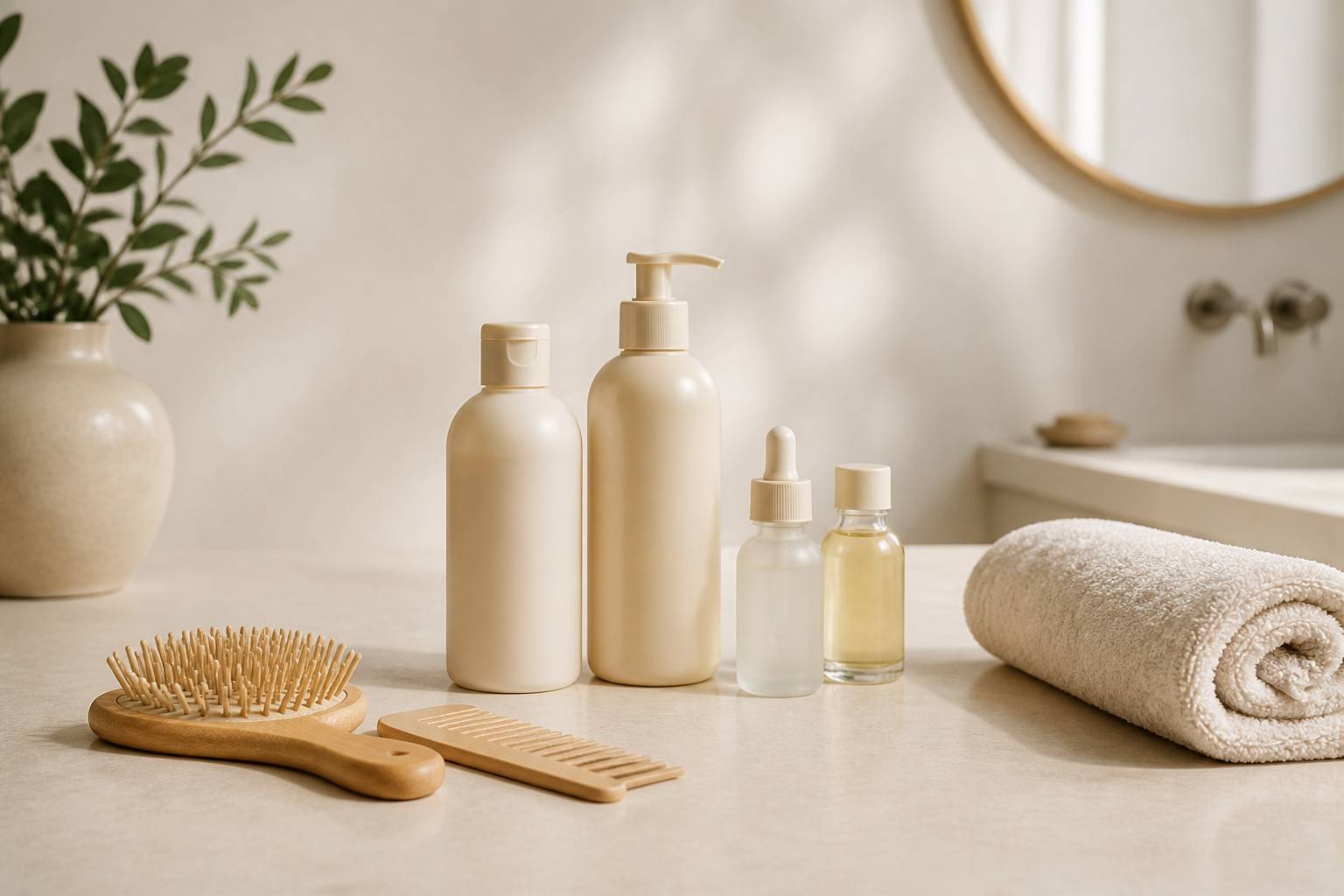 Table de salle de bain avec shampooing doux, sérum volumisant et brosse en bois pour cheveux fins
