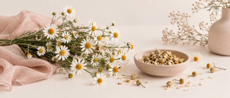 Bouquet de camomille fraîche et fleurs séchées dans une coupelle