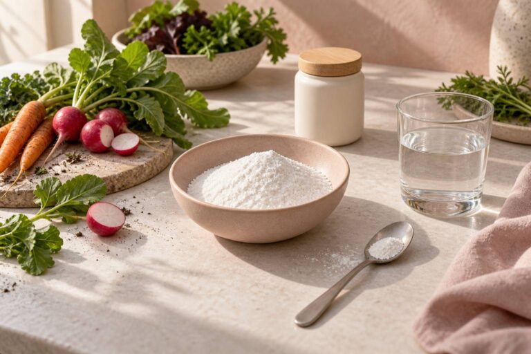 Plan de travail de cuisine avec bol de poudre blanche, verre d'eau et cuillère