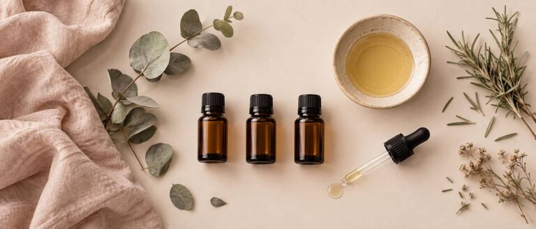 Flacons d'huile essentielle avec eucalyptus et pipette sur une table
