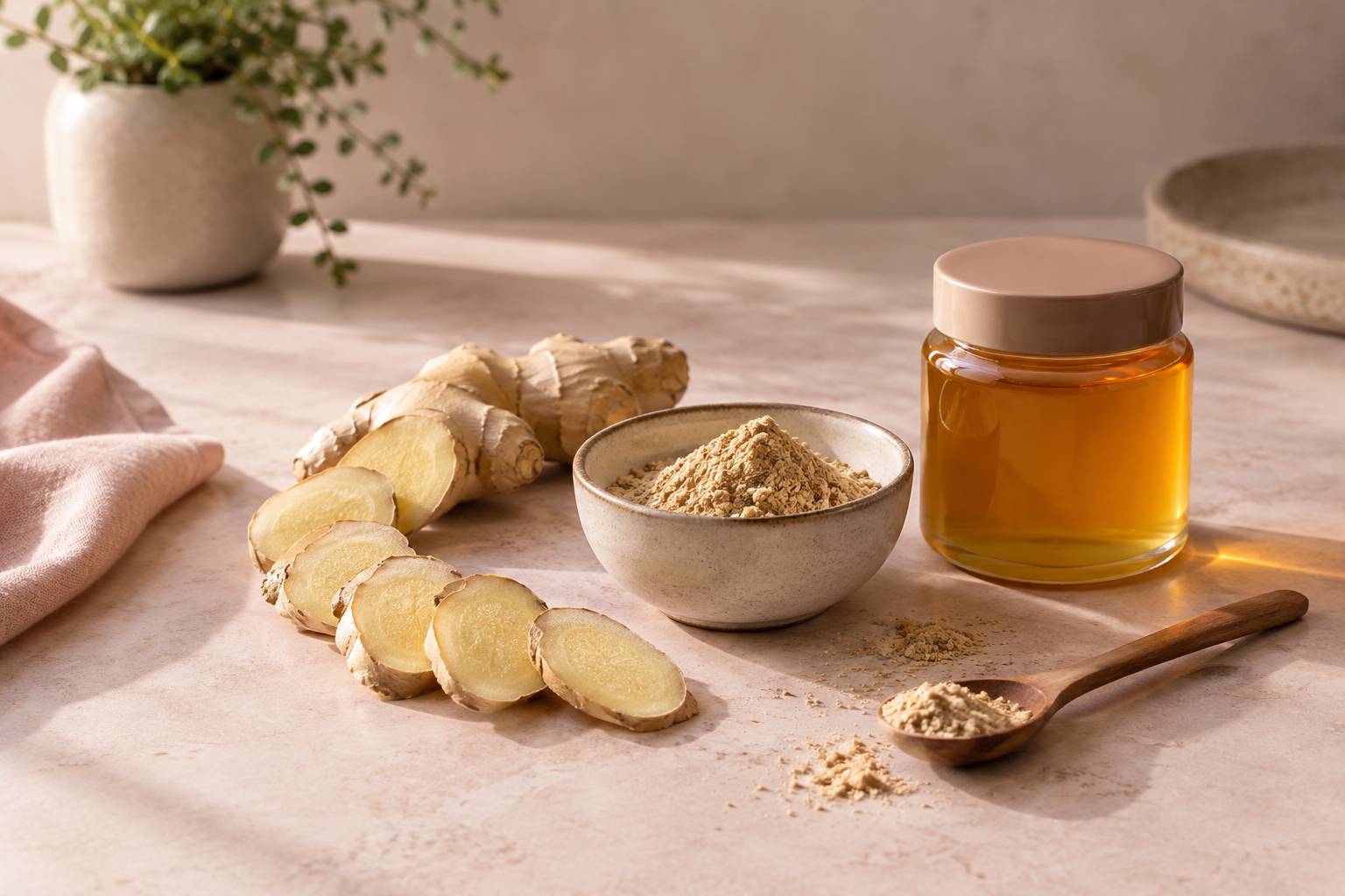Racines de gingembre frais et racine de ginseng séchée avec mortier et infusion sur une table