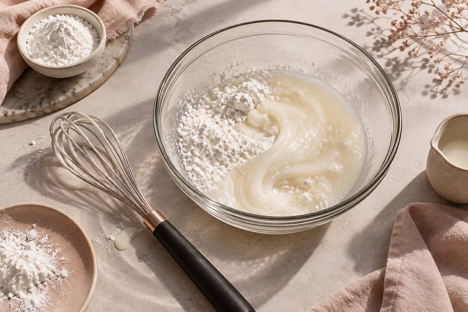 Gros plan sur une poudre fine versée dans un liquide formant un gel