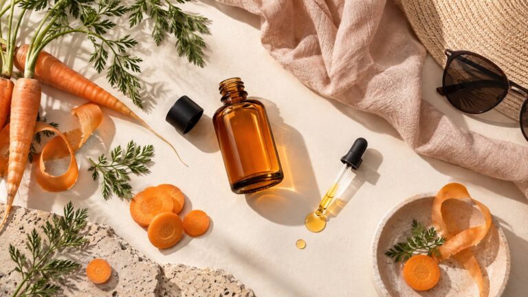 Illustration éditoriale du sujet : Huile de carotte et bronzage : bienfaits et mode d’emploi pour une peau dorée