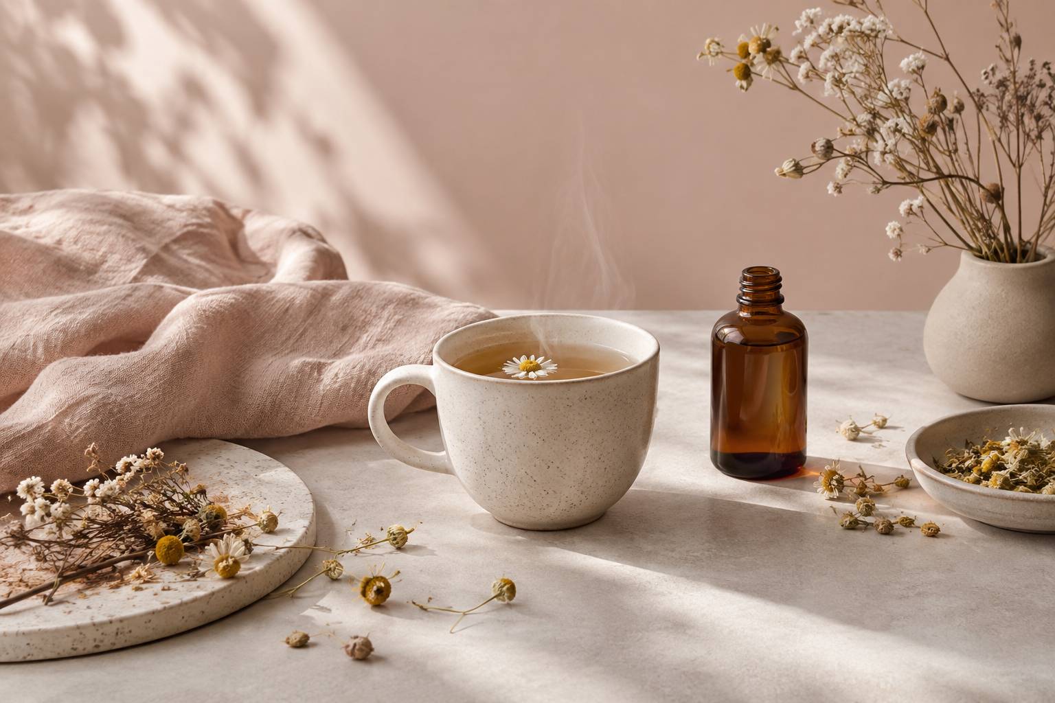 Infusion de camomille fumante avec flacon ambré et fleurs séchées