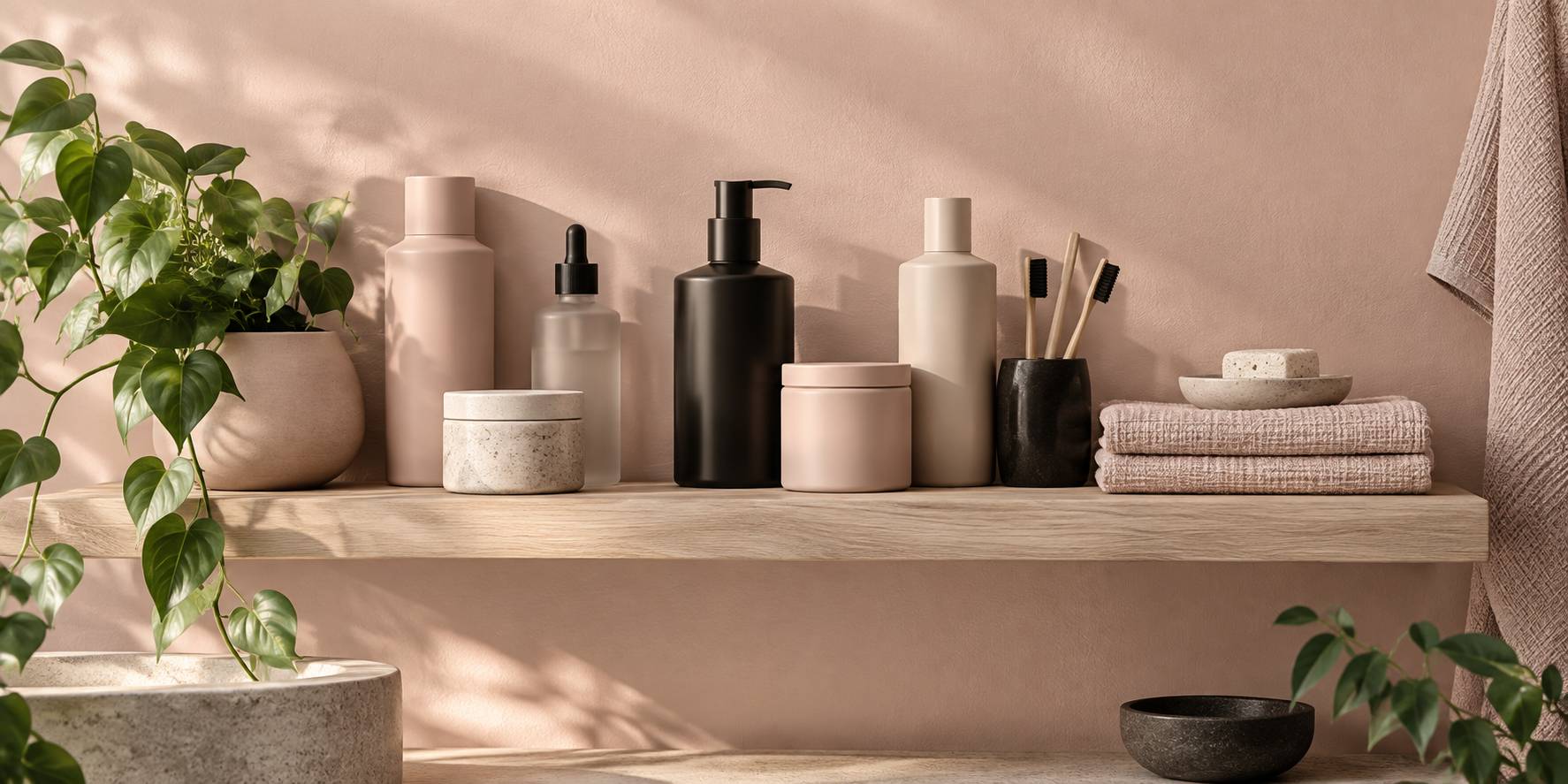 Flacons de soins capillaires sans etiquette et poudre de collagene en flat-lay