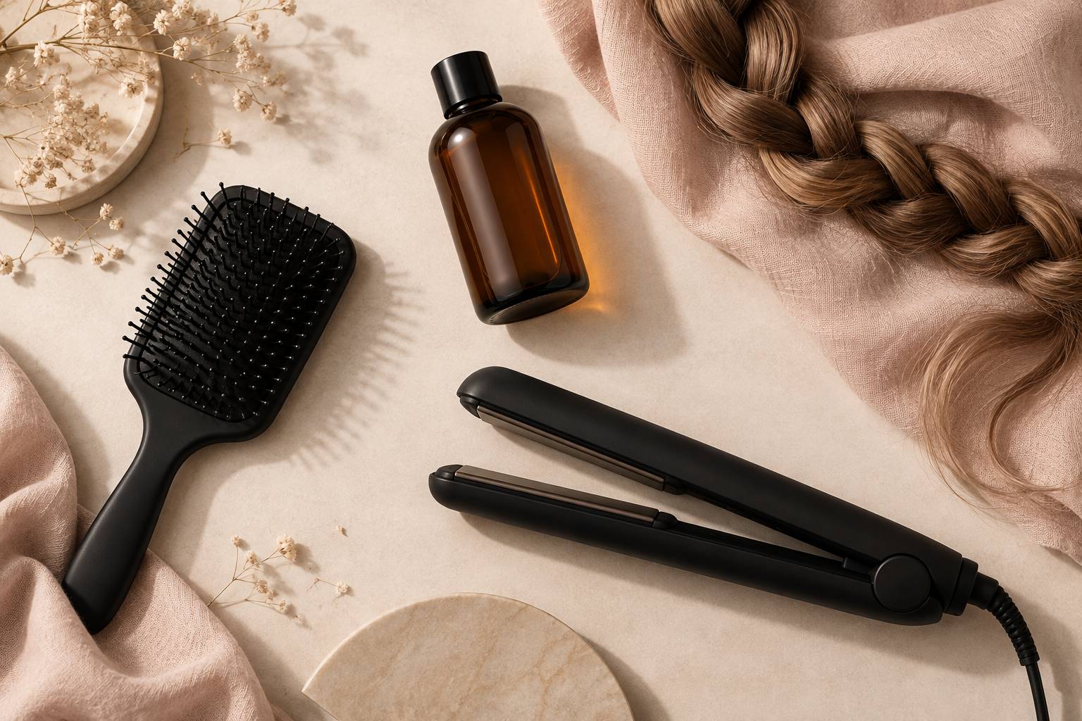 Plan de travail de coiffage avec brosse, fer lissant et flacon ambre