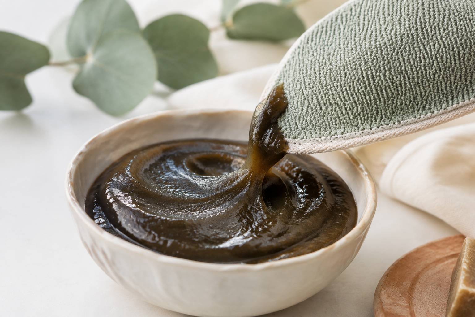 Texture onctueuse du savon noir prélevée au gant kessa, gros plan