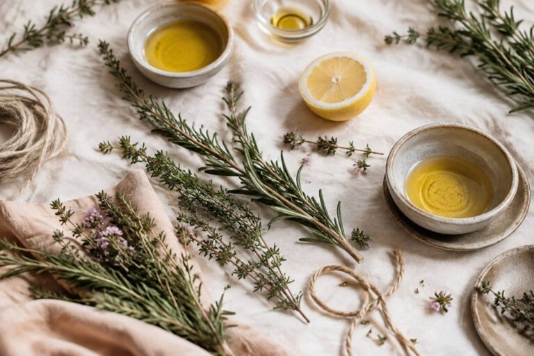 Flat-lay de brins de thym et de romarin frais avec huile d'olive, citron et fleurs sur fond de lin ivoire