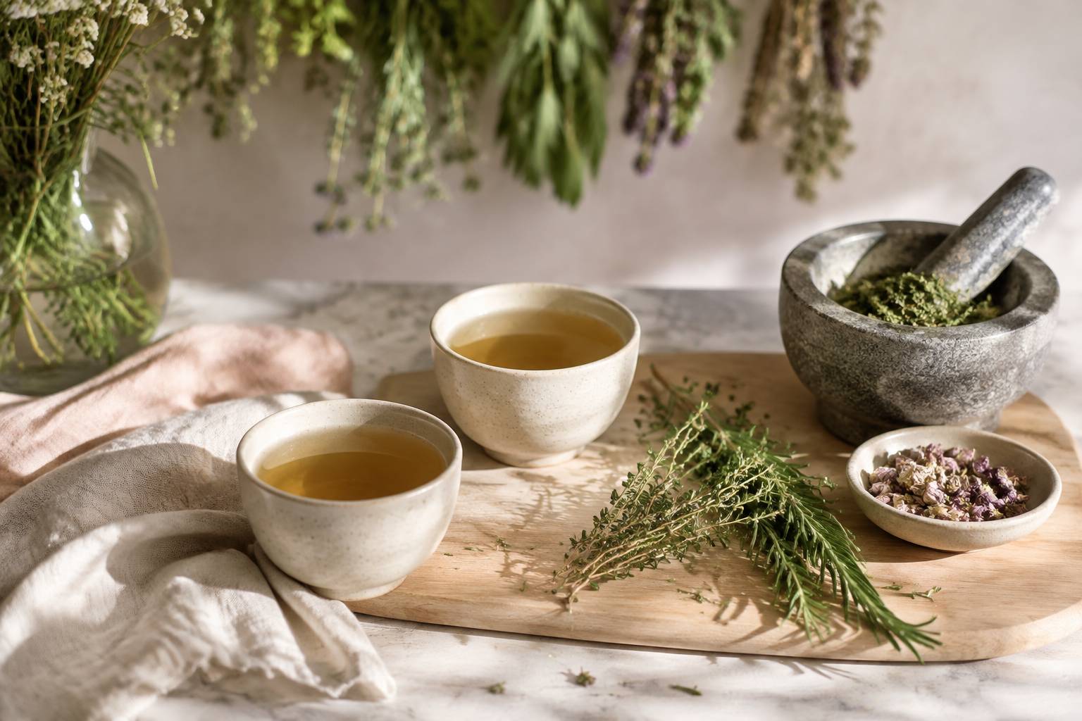 Tasses d'infusion dorée avec brins de thym et romarin frais, mortier en pierre et fleurs séchées