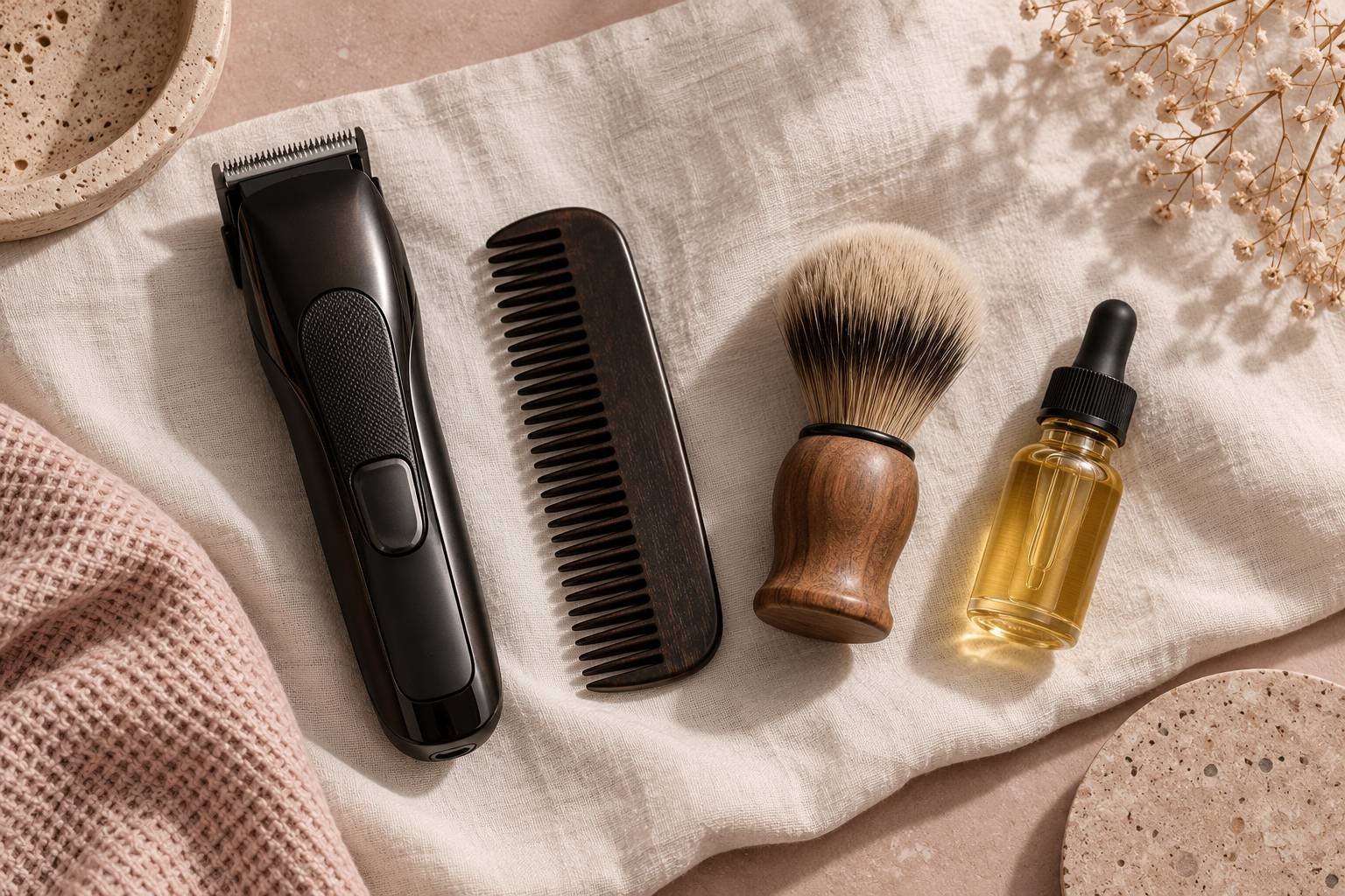 Tondeuse, peigne a barbe et blaireau sur un linge clair