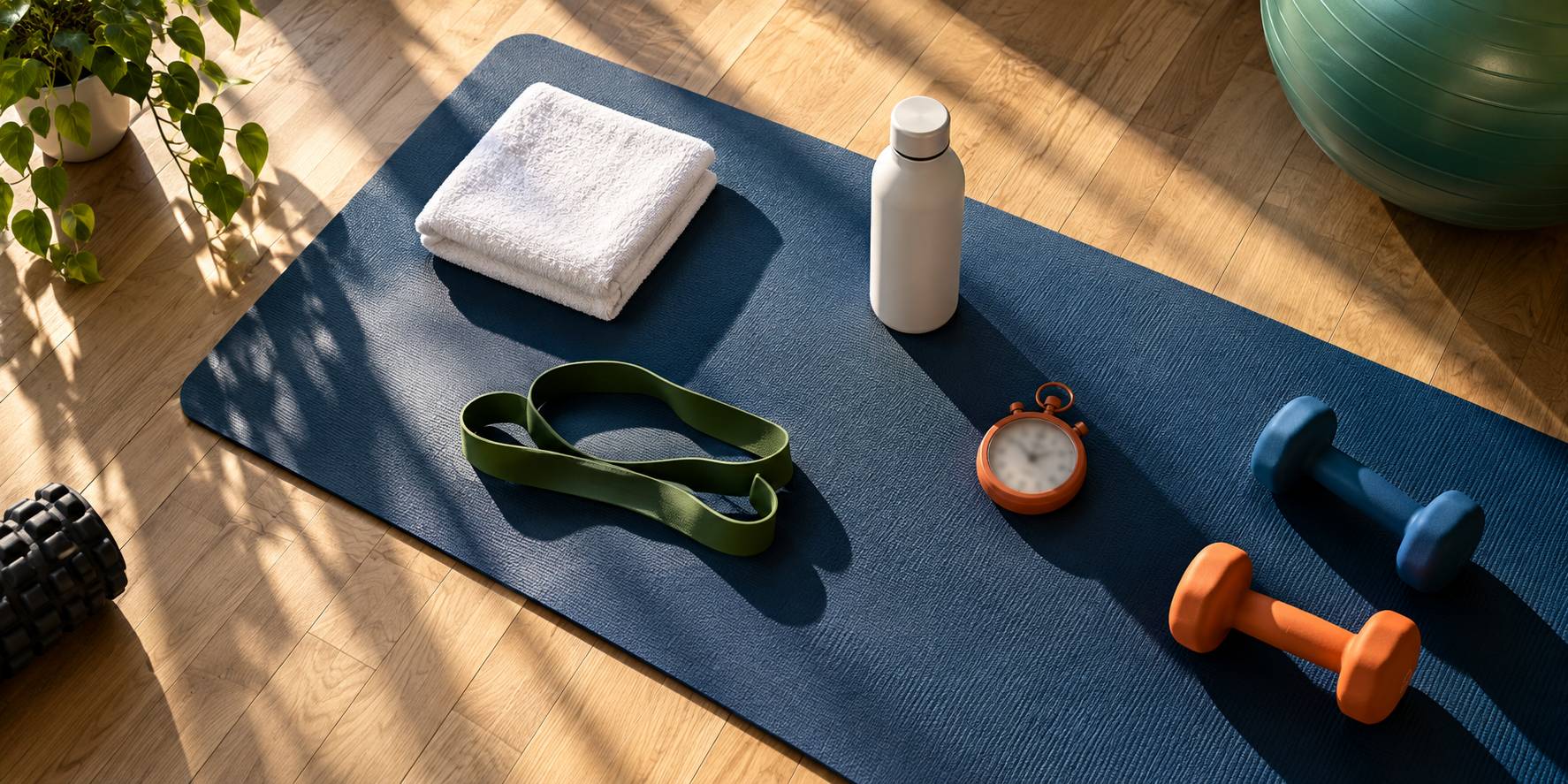 Tapis de fitness avec serviette, elastique et halteres poses, lumiere douce
