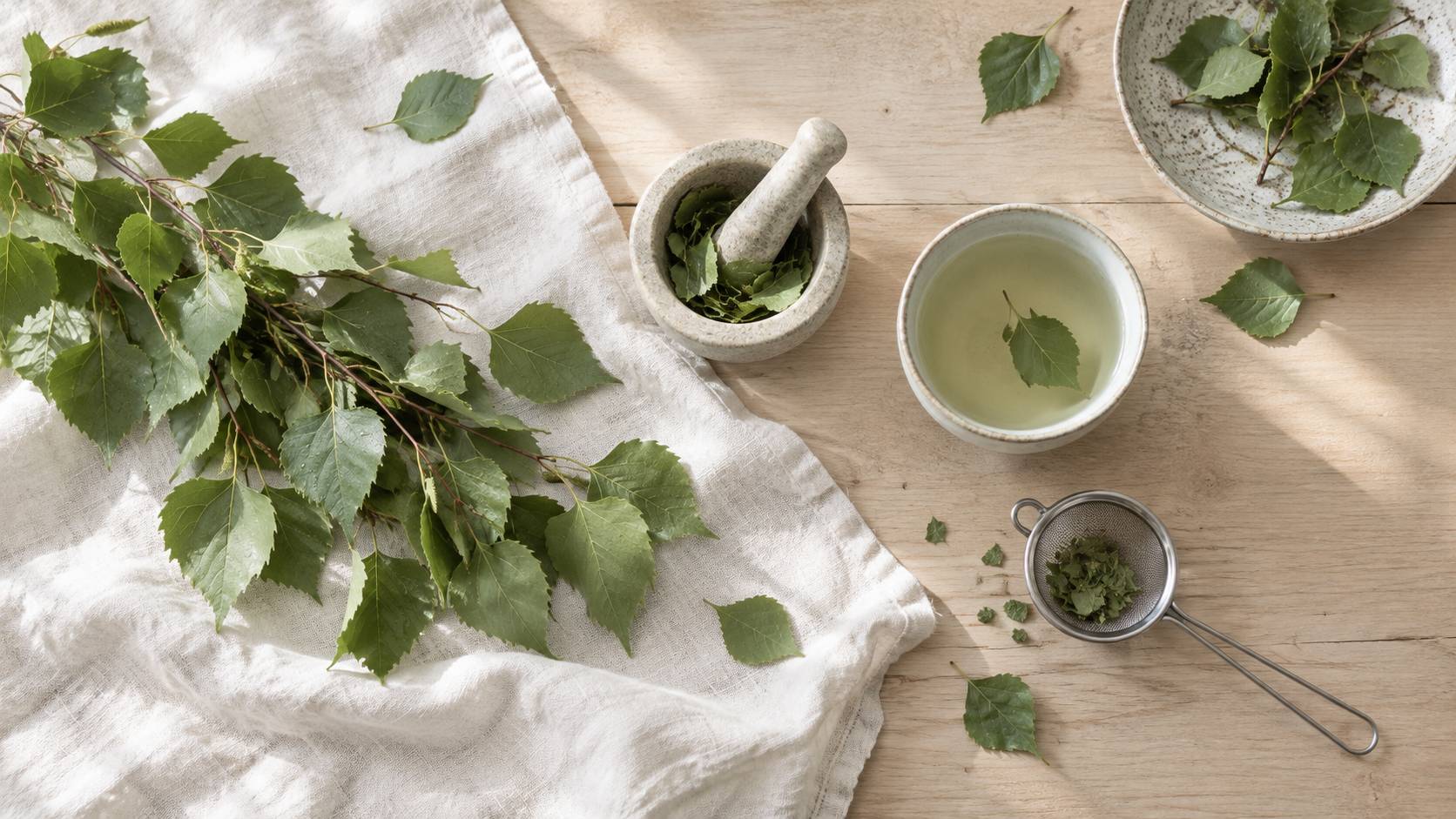 Feuilles de bouleau fraîches et infusion sur une table en bois