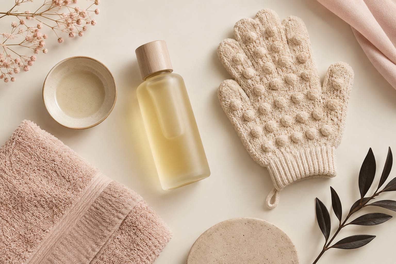 Flacon d'huile et gant de massage sur un plan crème