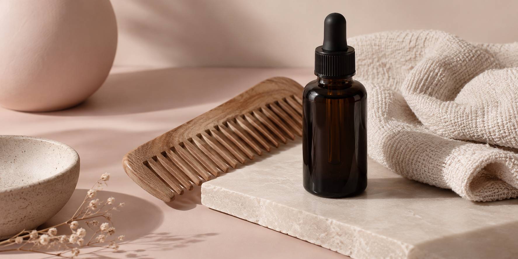 Flacon d'huile capillaire et peigne en bois sur une tablette